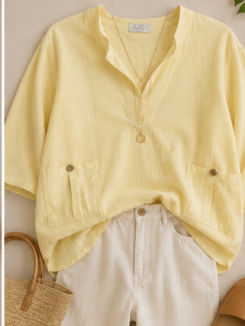 Petite Yellow Cotton V-Neck Pocket Tunic